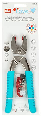 Prym Love 390901 Vario-Zange, Loch- und Druckknopfzange für Color Snaps, Ösen & Jeansknöpfe, Inkl. Werkzeug für 3 & 4 mm Löcher, Ergonomische Griffe in Türkis, Ideal für Stoff & DIY-Projekte