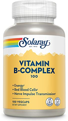 SOLARAY Vitamin B Complex 100mg - Cellular Energy, Nerve and Heart Health Support - Supplies All 8 B Complex Vitamins - Vitamin B12, B1, B2, B3, B6, Niacin, Folic Acid and Biotin - Vegan, 100 Servings