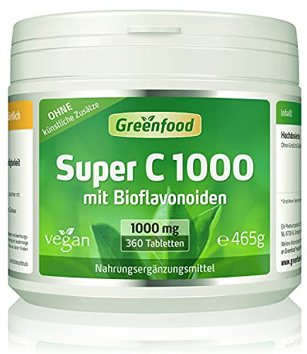 Super C 1000, hochdosiert, 1000mg - 360 Tabletten, vegan. Vitamin C mit Acerola, Hagebutte & Bioflavonoiden - für hohe Bioverfügbarkeit. OHNE künstliche Zusätze - laborgeprüft. Von Greenfood.