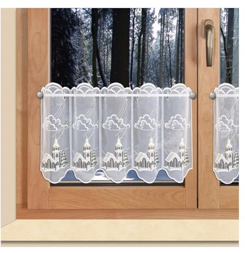 SeGaTeX home fashion Bestickte Weihnachts-Scheibengardine Winterkirche Wintergardine aus Plauener Spitze 38 x 112 cm