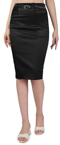 femiss Women Satin Skirt Ladies Pencil midi Bodycon Stretch Shine Skirt with Belt (8, Black)