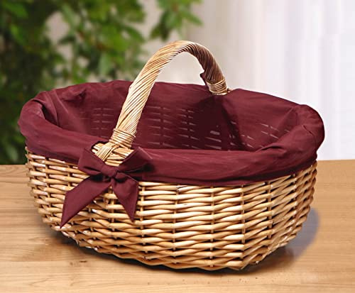 Dekoleidenschaft Einkaufskorb aus Weide, 47x36 cm groß, mit roter Stoff-Einlage, Flechtkorb, Tragekorb geflochten, Weidenkorb, Geschenkkorb, Picknickkorb, Erntekorb, Dekokorb