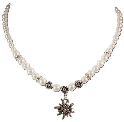 Heimatflüstern Trachtenkette Strass-Edelweiß klein & Perlen - Damen Perlenkette, Dirndlkette fürs Oktoberfest, Trachtenschmuck Kristallstein Edelweiss zur Trachtenbluse und Lederhose (creme-weiß)