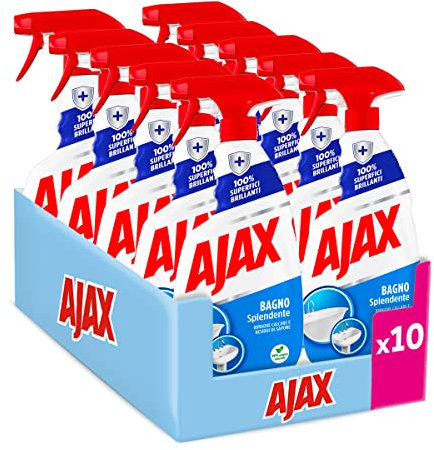 Ajax detersivo spray bagno splendente 10 Confezioni da 600 ml, Rimuove facilmente il 100% del calcare I Superfici del bagno brillanti I Detergente vegano* I flacone in plastica 100% riciclata