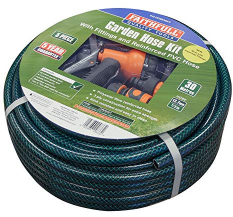 Faithfull 30M (98ft) Reinforced Hose Kit – PVC Garden Hose Pipe with 3 Fittings & Multipattern Spray Gun