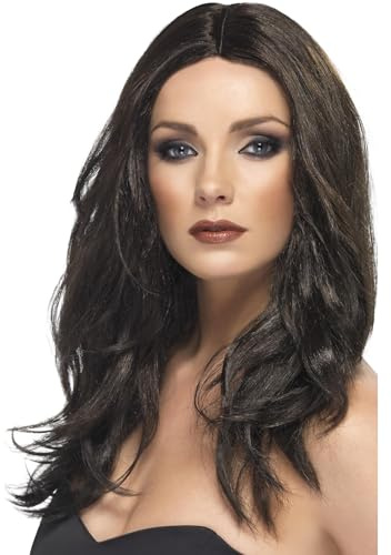 Smiffys Superstar Wig, Dark Brown Long, Wavy, with Skin Parting, Ladies Glamour Wigs Fancy Dress, Adult Dress Up Wigs Halloween