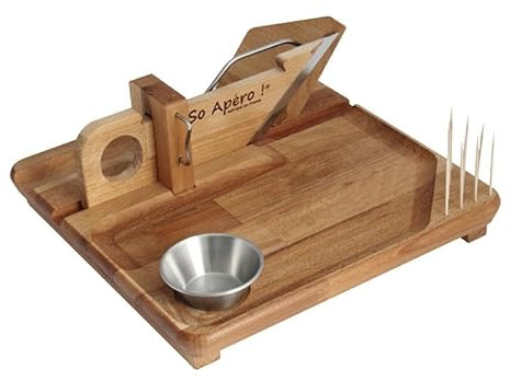 Guillotine à saucisson sur plateau en bois d'hêtre