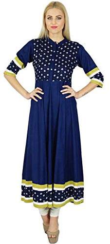 Bimba kvinnor blå anarkali anpassad kurti lång utsvängd Rayon Kurta indisk etnisk blus, BLÅ, L