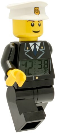 LEGO City 9002274 Polizist Kinder-Wecker mit Minifigur und Hintergrundbeleuchtung , schwarz/weiß , Kunststoff , 24 cm hoch , LCD-Display , Junge/ Mädchen , offiziell