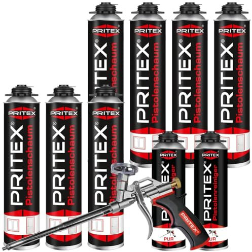 PRITEX – Bauschaum Set aus 6 x 750 ml Pistolenschaum inkl. 2 x 500 ml Pistolenreiniger und Schaumpistole – Montageschaum zum Verfüllen, Dämmen & Abdichten – PU-Schaum mit hervorragender Wärmedämmung