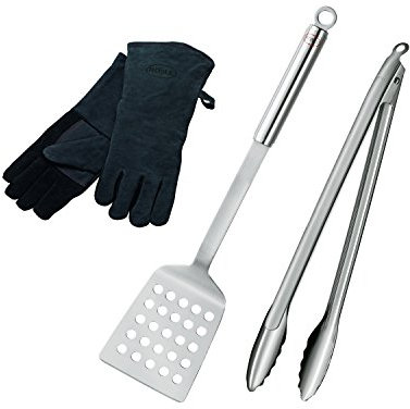 RÖSLE Barbecue-Set 3-tlg., Hochwertiges Grillset mit Leder-Grillhandschuhe, BBQ-Wender, Grillzange 40 cm, Edelstahl 18/10, spülmaschinengeeignet