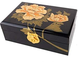 lachineuse - Boite à Bijoux Fleurs Pivoines Dorées - Boite de Rangement en Bois Laqué - Coffret à Bijoux & Secrets - Déco Chinoise - Coffret Cadeau Femme - Déco Asie Or - Idée Cadeau - 21x14x7 cm