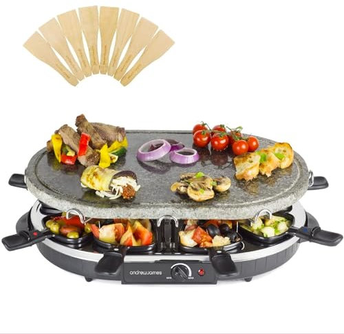 Andrew James Electric Raclette Hotplate Party Non Stick Grill Machine, Oval Stone Hot Plate Cooks Evenly and Retains Heat, 8 Fondue Cheese Pans and Wooden Spatulas Set, 1200W, Thermostat Control