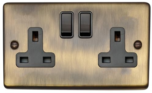 G&H Brassware CAB10B 13A Double Pole Antique Brass Double Socket - Black Rockers and Black Inserts