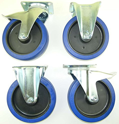 1 Satz 200mm Blue Wheels Lenkrollen mit Bremse/Feststellbremse + Bockrollen, Transportrollen Elastik Blau 350kg / Rad - INDUSTRIEQALITÄT (2x Brems + 2x Bock)