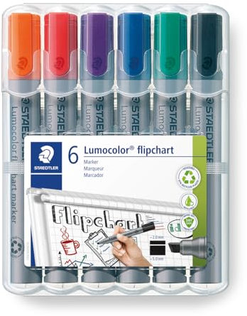 STAEDTLER Flipchart Marker Lumocolor, Keilspitze ca. 2,0 - 5,0 mm Linienbreite, lange Lebensdauer, nachfüllbar, geruchsarm, hohe Qualität Made in Germany, Set mit 6 Farben, 356 B WP6, 1 Stück