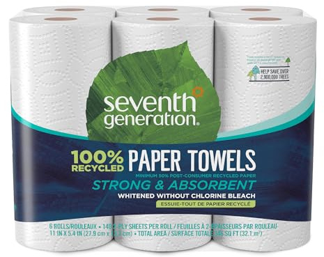 Seventh Generation Paper Towels, 100% Recycled Paper, 2-ply, 6 Rolls (Packaging May Vary)
