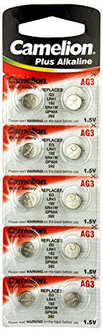 10 Camelion AG3 / LR41 / 392 – long-life button cell batteries (expiry date indicated).