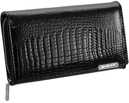 Jennifer Jones - Lang Format sehr feine Leder Croco-Snake elegant Damengeldbörse Portemonnaie (Schwarz Kroko Style) - präsentiert von ZMOKA®