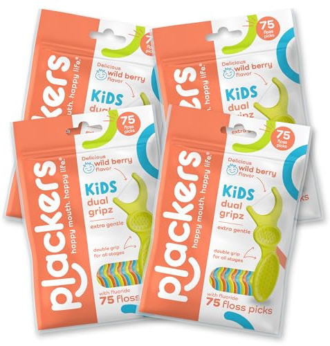 Plackers Kids Dental Floss Picks 75, Multicolor, Fruit Smoothie Swirl, Original Version, 300 Count (Pack of 4)