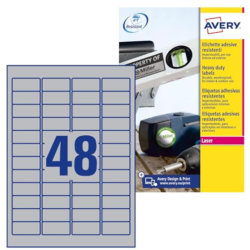 AVERY Zweckform L6009-20 Typenschild Folienetiketten (960 Aufkleber, 45,7x21,2mm auf A4, stark selbstklebend, strapazierfähig, wetterfest, bedruckbare Klebefolie, blanko) 20 Blatt, silber