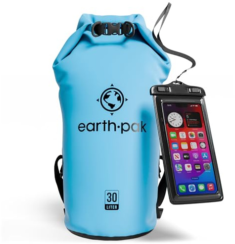 Earth Pak – Wasserdichter Packsack mit Schultergurt und wasserfester Handyhülle – Ideale Rolltop Tasche beim Kajak Fahren, Wandern, Camping, Angeln, Bootfahren und Rafting