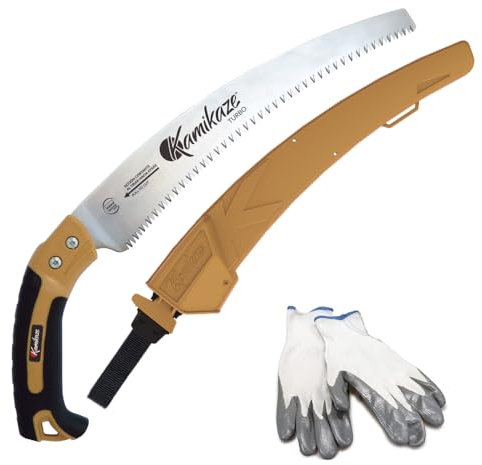 KAMIKAZE PERFORMANCE IN YOUR HANDS Astsäge KM S-330 MAX. 80mm Ø. Inklusive Schutzhülle. SK-4 Stahl. Japanische Zahnung. Gebogene Säge. Astsäge. Hergestellt und entworfen in Spanien, Braun/Schwarz