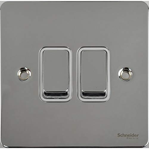 Schneider Electric Ultimate Flat Plate - Double 2 Way Light Switch, 16AX, GU1222WPC, Polished Chrome With White Insert