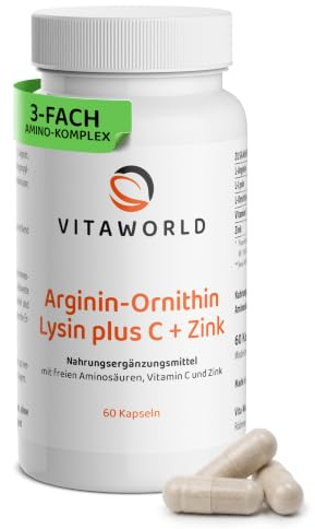 vitaworld Arginin-Ornithin-Lysin + C + Zink, Pro Tagesverzehrmenge sind je 1000 mg L-Arginin und L-Ornithin, sowie 800 mg L-Lysin enthalten, Vegan, 60 Kapseln | 1000 mg L-Arginin, 800 mg L-Lysin & 792 mg L-Ornithin pro Tag - ergänzt mit Vitamin C & Zink – glutenfrei, laktosefrei