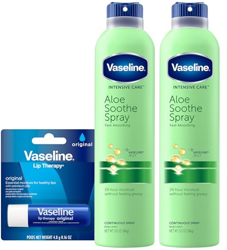 Vaseline Aloe Soothe Spray 2-Pack – Non-Greasy, Fast-Absorbing All-Over Soothing Moisturizer for Dry Skin + Original Lip Therapy for Soft, Smooth Lips