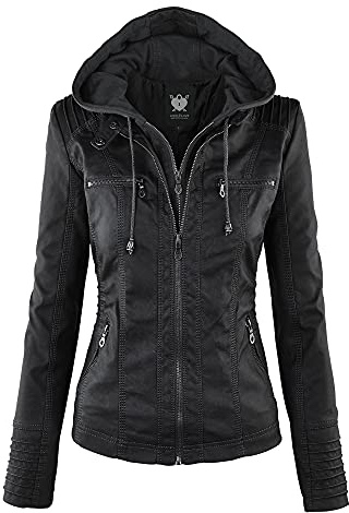 LL WJC663 Women’s Faux Leather Moto Biker Jacket with Removable Hood – Lightweight Zip-Up Coat with Pockets for Fall and Winter L Black
