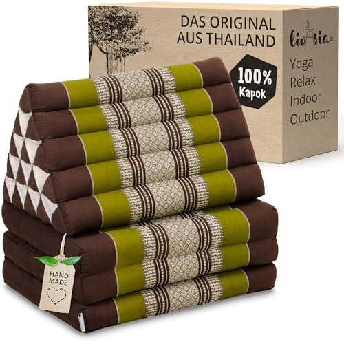 livasia Thaikissen 3 Auflagen extrahoch - 185x55x8cm - Dreieckskissen mit Klappmatratze, Kapok, Jumbo Rückenkissen faltbar, Thaimatte Klappen, handgefertigt, Meditationskissen (Braun/Grün)