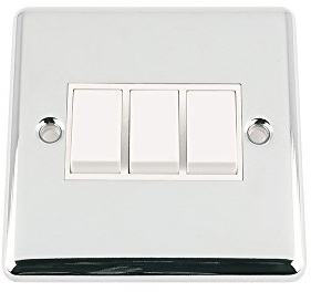 Light Switch 3 Gang - Polished Chrome - Classic - White Insert Plastic Switch - 10 Amp Triple 3 Gang 2 Way