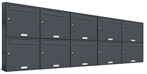 AL Briefkastensysteme 10er Briefkastenanlage Anthrazit Grau RAL 7016, Premium Briefkasten DIN A4, 10 Fach Postkasten modern Aufputz