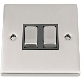 Double Light Switch 2 Gang - Satin Chrome - Square - Black - Metal Rocker Switch - 2 Gang 2 Way 10 Amp