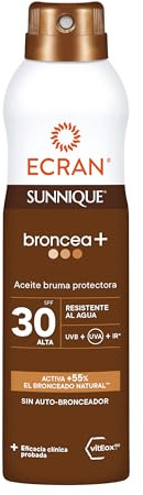 Ecran Sunnique - Bruma Aceite Protector FPS 30, Protección UVB + UVA e IR-A, Resistente al Agua, Con Tecnología Pure Bronze y VitEox 80, Activa el Bronceado Natural, Sin Autobronceador - 250 ml
