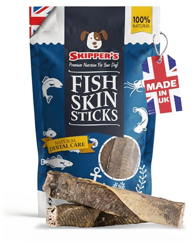 SKIPPER'S Fish Skin Dental Sticks - Natural Dog Dried Treats, Low in Fat Healthy Chews, Long Lasting Grain Free Dog Treat | White-Fish Skin Sticks For Dogs (Regular, 250g)