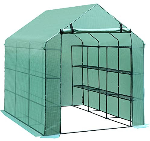 Outsunny Walk-in Greenhouse with 4 Tier 24 Shelves, Portable Grow House with Roll-up Zipped Door, 244 x 180 x 210 cm, Green