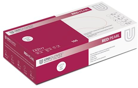 UNIGLOVES - Red PEARL® Rote passgenaue Einweghandschuhe aus Nitril | Lebensmittelecht, puderfrei & latexfrei | hohe Festigkeit & Haltbarkeit | 100 Stück | Einmalhandschuh S