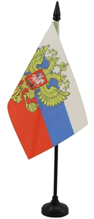 AZ FLAG Tischflagge Russland mit Adler 15x10 cm Kunststoffsockel | Für innen Russische Tischflagge genähte Ausführung mit verstärkten Kanten mit Kunststoffstab 100D Polyester