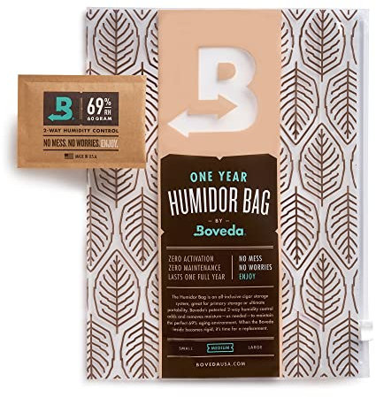 Boveda für Zigarren | Mittelgroßer Humidorbeutel | mit 2-Wege-Feuchtigkeitsregulierung mit 69% relativer Feuchtigkeit | Zigarrenlagerung für 10-15 Zigarren | 1 Stück