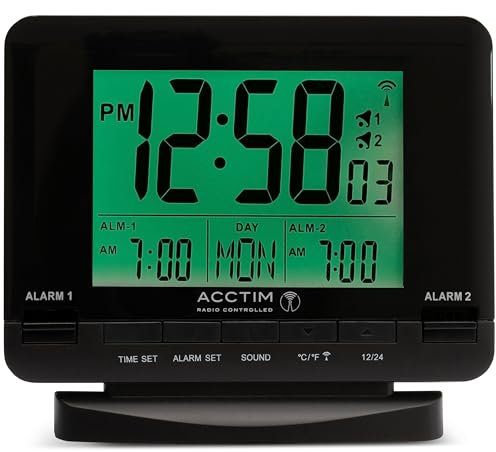 Acctim Delaware Digital Alarm Clock Radio Controlled Dual Couples Alarm Date & Temperature Display Black