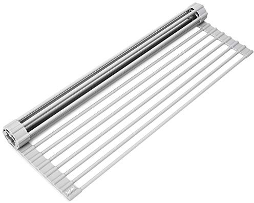Surpahs 20.5 x 13.1 Inch Roll-Up Dish Drying Rack, Fits Across Sink Openings up to 19.5 Inches, Heavy-Duty Premium Silicone, Strong Support, Non-Slip, Heat-Resistant, Warm Gray