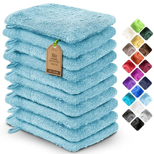 NatureMark 10x Waschhandschuhe aus Frottee 100% Baumwolle – Weich und Robust, Ideal für die tägliche Pflege und Gäste – Hell blau, 15x21 cm