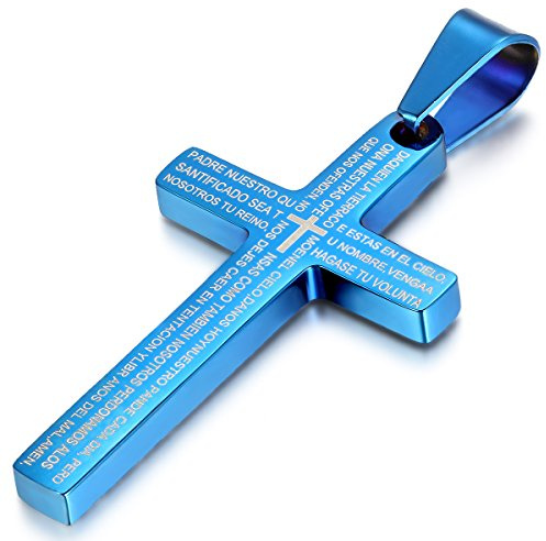 JewelryWe Kreuz Halskette Herren Damen: Edelstahl Bibel Gebet Kreuz Anhänger Vaterunser kreuzanhänger Kette mit Gravur Blau