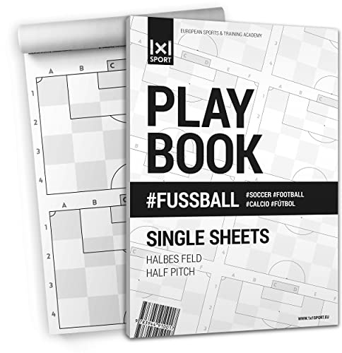 1x1SPORT - Playbook #Calcio, quaderno con fogli singoli A4, per schemi e tattiche per il calcio, Semi campi, Din-A4