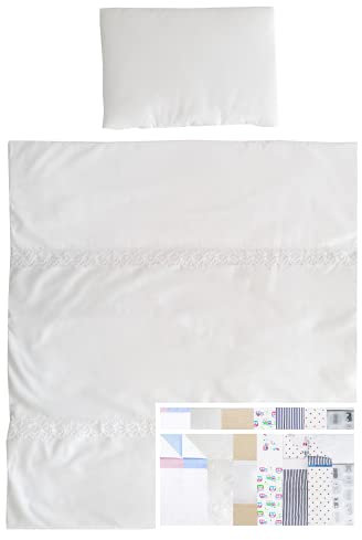 Vizaro - Piumino Lettino Neonato + Cuscino 70x80cm, 25x35cm - 100% PURO COTONE - Premium made in EU - Ricamato Bianco