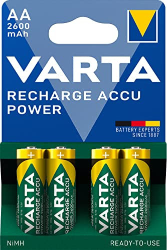VARTA Batterien AA, wiederaufladbar, 4 Stück, Power on Demand Recharge Accu, Akku, 2600 mAh Ni-MH, ohne Memory Effekt, vorgeladen, sofort einsatzbereit