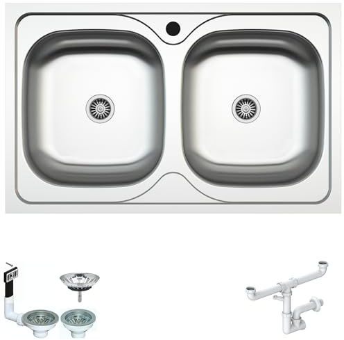 ATL792IVE Lavello INCASSO 2 Vasche ATLANTE| Acciaio Inox Prelucido | 79x50 cm Foro Scarico 3,5” | Lavello Cucina Resistente, Igienico e Facile da Pulire