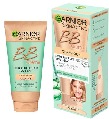 Garnier - BB Crème Classique - Soin Perfecteur Tout-en-1 Anti-Imperfections - FPS 15 - Enrichi en Acide Hyaluronique & Aloe Vera - Pour Tous Types de Peaux - Teinte : Claire - Skin Active - 50 ml